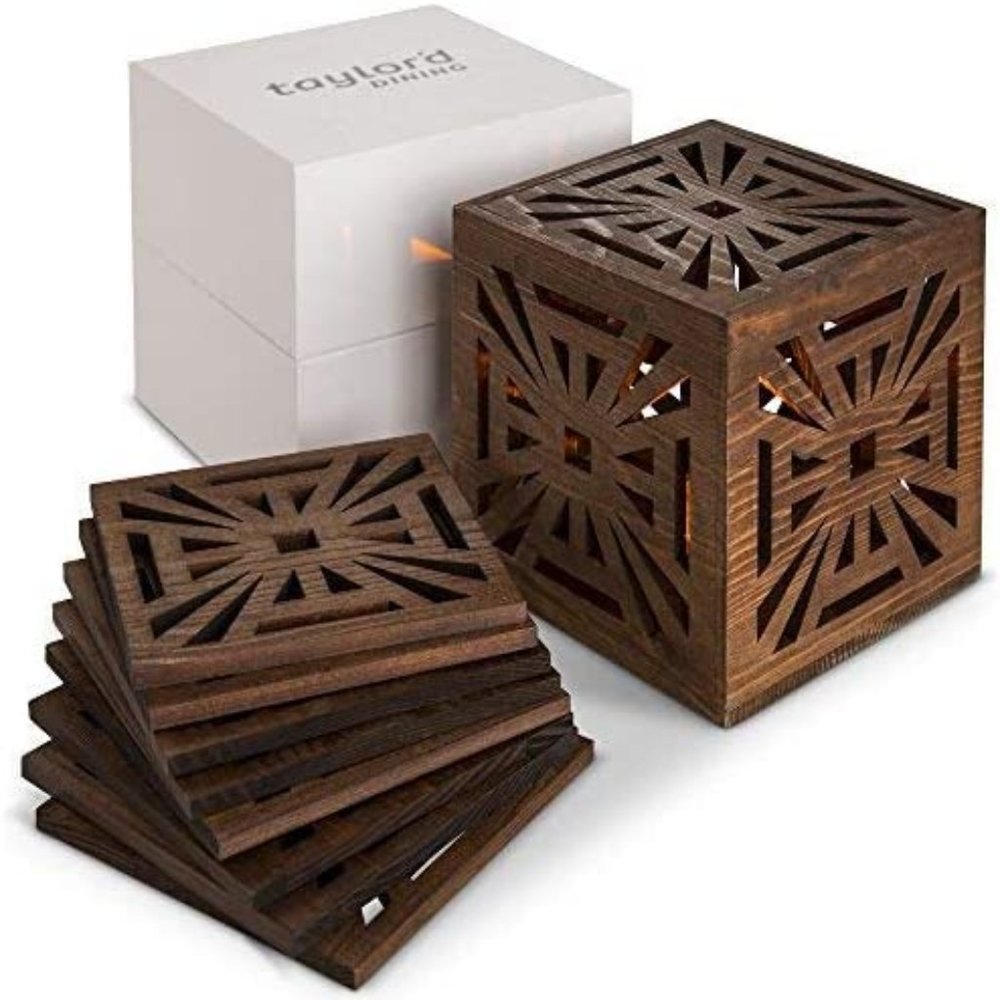 NIB 2 in 1 Wood Tea Light Lantern Drink Coaster 8PCs Set